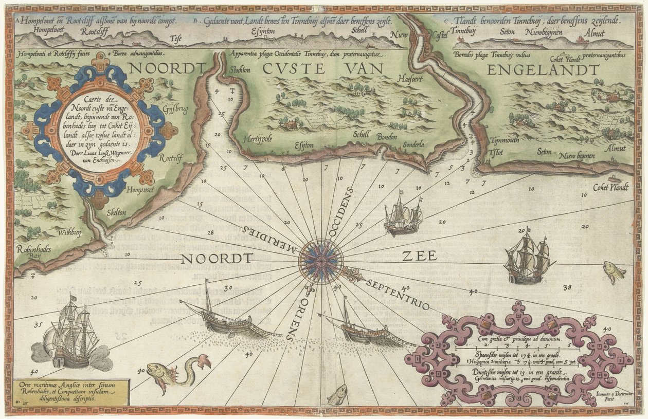 泰恩河畔纽卡斯尔附近的英格兰北部海岸地图
Caerte der Noordt custe van Engelandt, beginnende van Robinhodes baij tot Cocket Eijlandt（......）（标题见实物） 作者 乔安妮斯·范·杜特库姆 (I)