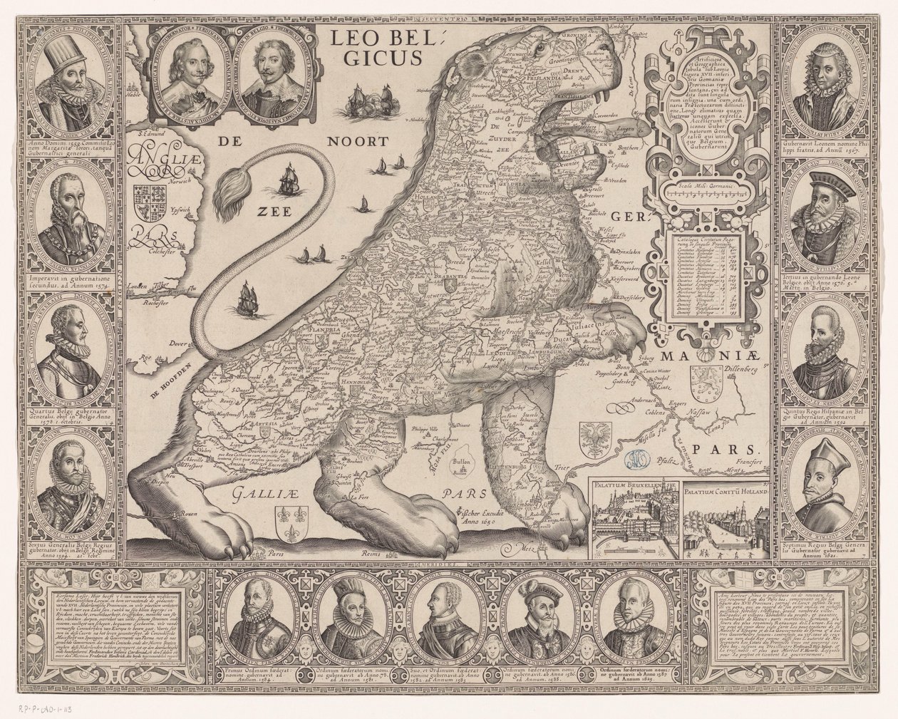 荷兰狮子形状的十七省地图
利奥-贝尔格格斯（物品上的标题） 作者 Joannes van Doetechum (II)