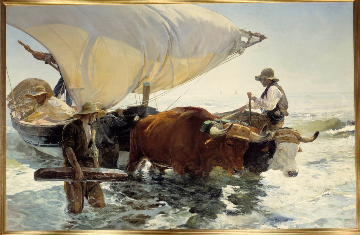 捕鱼归来，拖着小船 绘画 Joaquin Sorolla y Bastida (1863-1923) Sun。 2,6x3,2 m。 19 世纪巴黎，奥赛博物馆 作者 华金·索罗拉