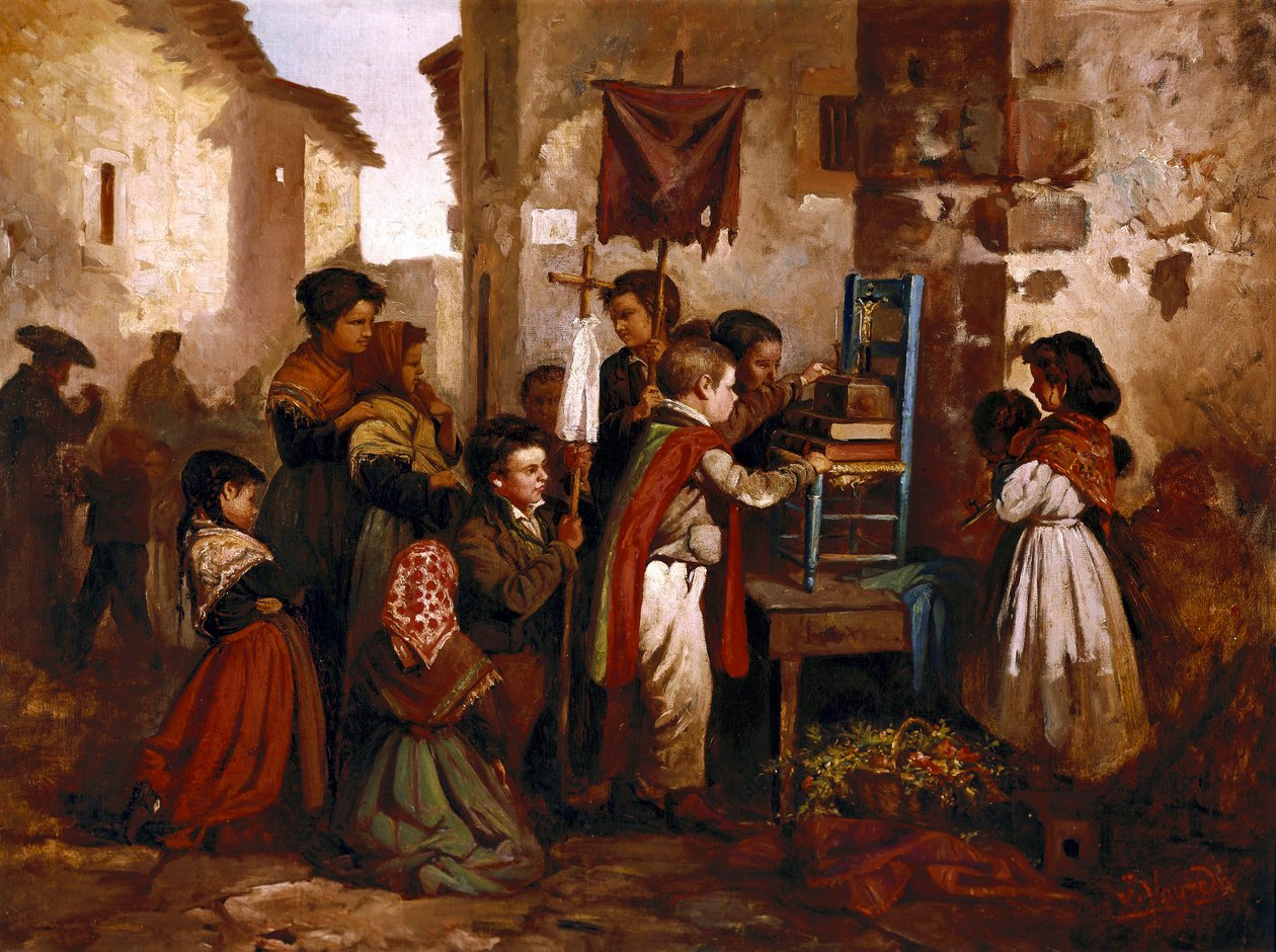在宗教游行中玩耍的儿童，由Joaquim Vayreda y Vila绘画 作者 华金·韦雷达（Joaquin Vayreda）