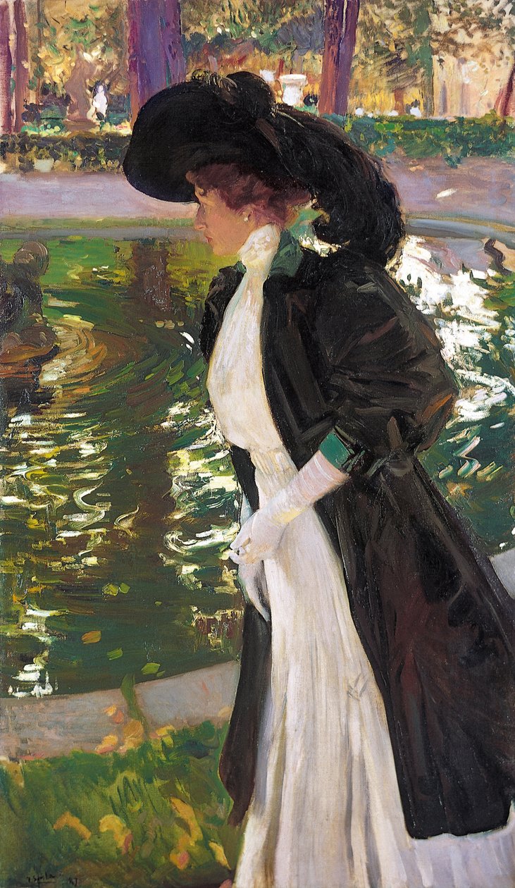 克洛蒂尔德（Clotilde）在拉格兰哈（La Granja）花园中漫步，1907年。 作者 华金·索罗拉