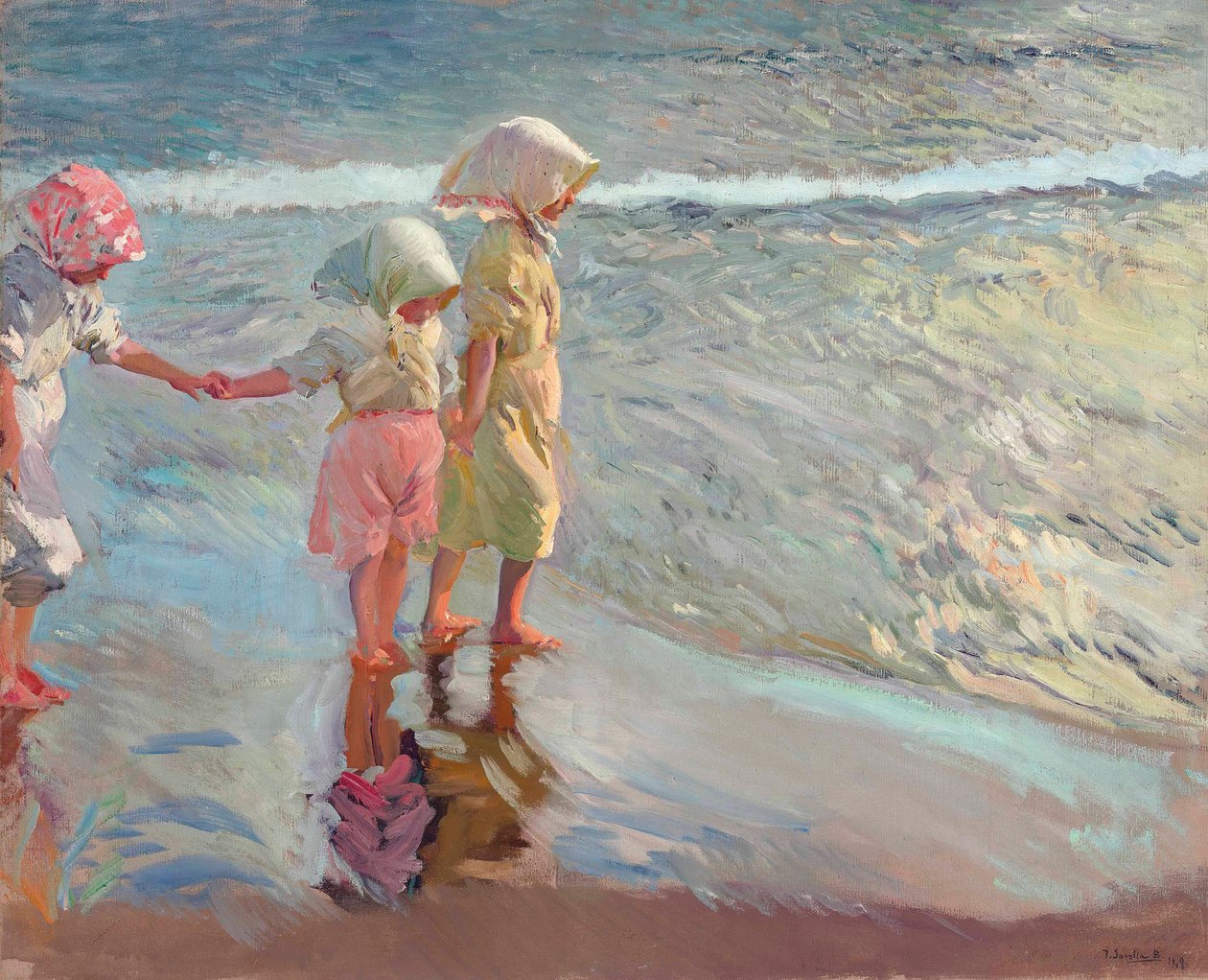海滩上的三个姐妹，1908年。 作者 华金·索罗拉