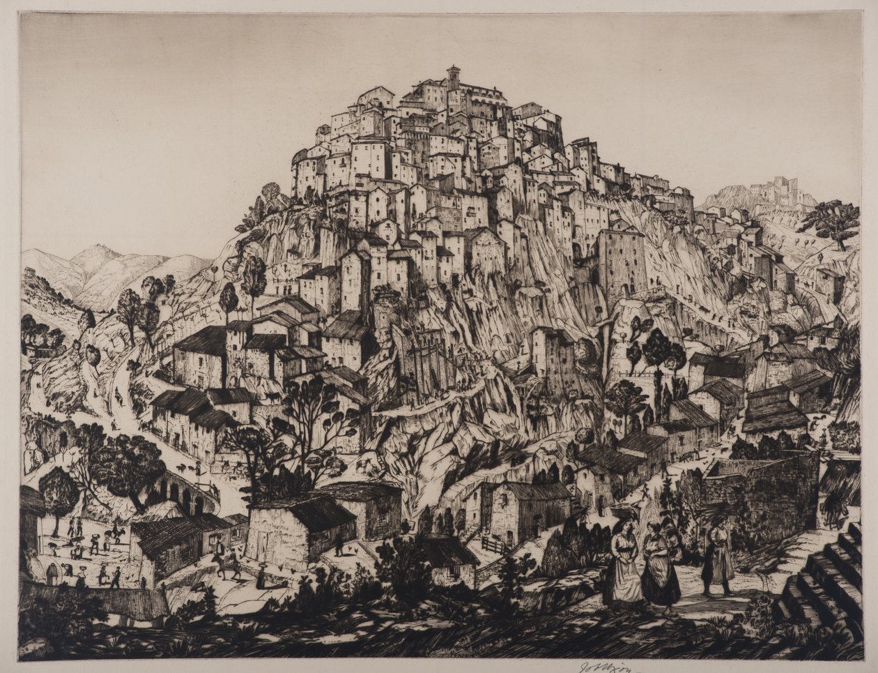 Anticoli Corrado与农民妇女在前景（雕刻和干点）的视图 作者 尼克松