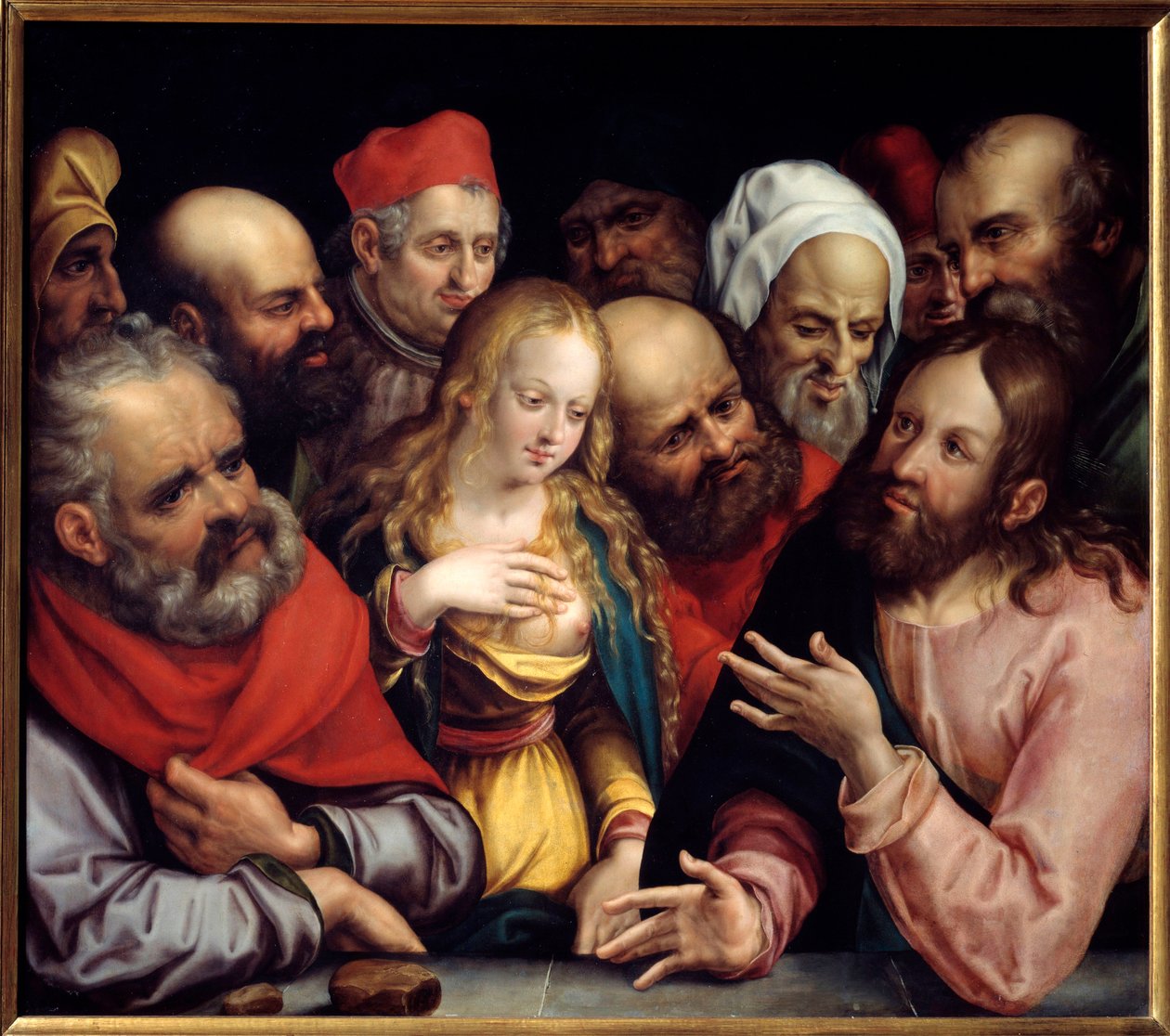 《基督与女人通奸》纸板画，作者：Jobst Harrich (1580-1617) 1617 Sun。 0,73x0,84 m 作者 乔布斯特·哈里奇