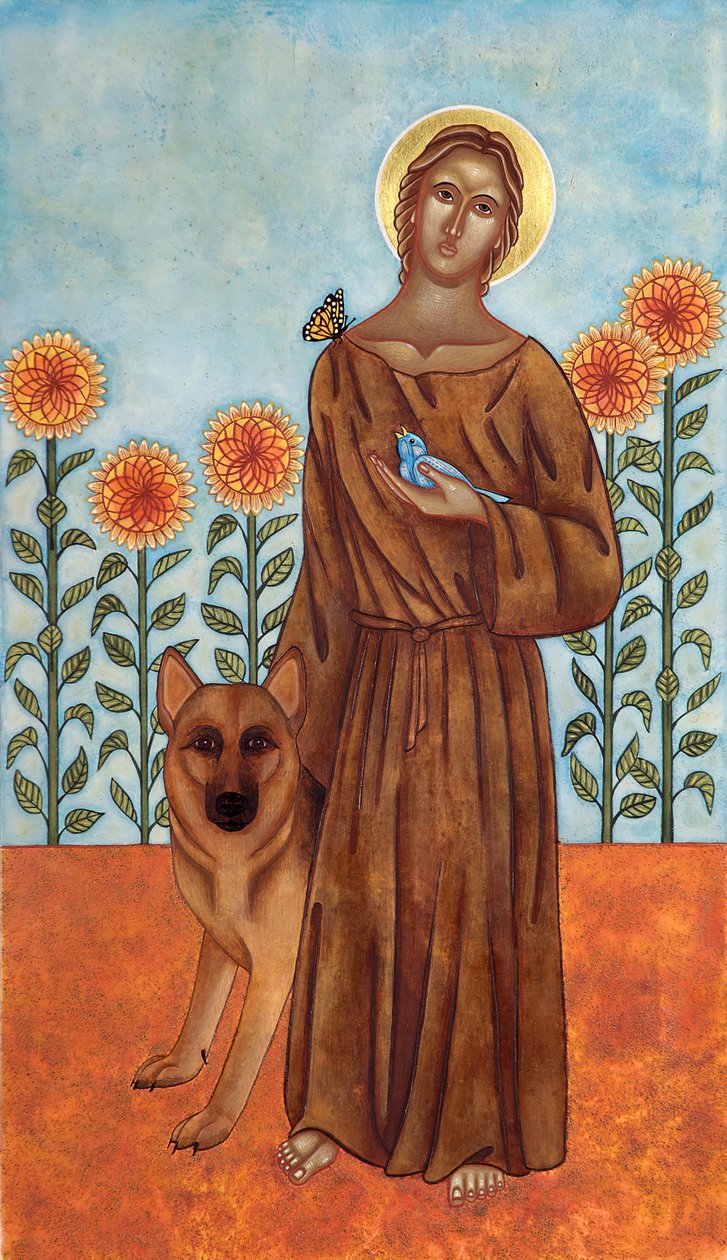 圣弗朗西斯与古比奥之狼》，2009 年（木板上的蛋彩画和 24K 金彩画） 作者 乔迪·西蒙斯（Jodi Simmons）