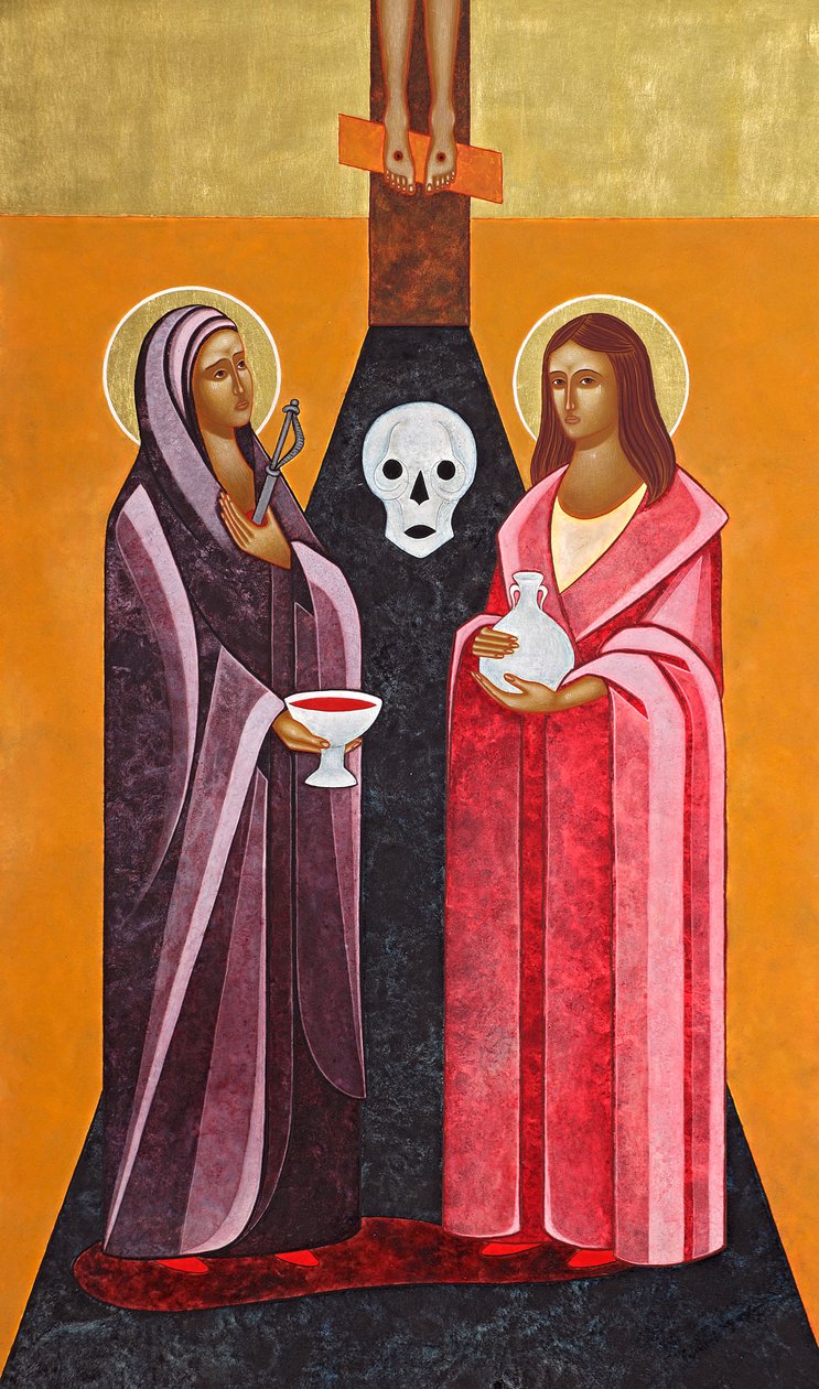 母亲与抹大拉的女儿》，2012 年（木板上的蛋彩画和 24K 金装饰） 作者 乔迪·西蒙斯（Jodi Simmons）