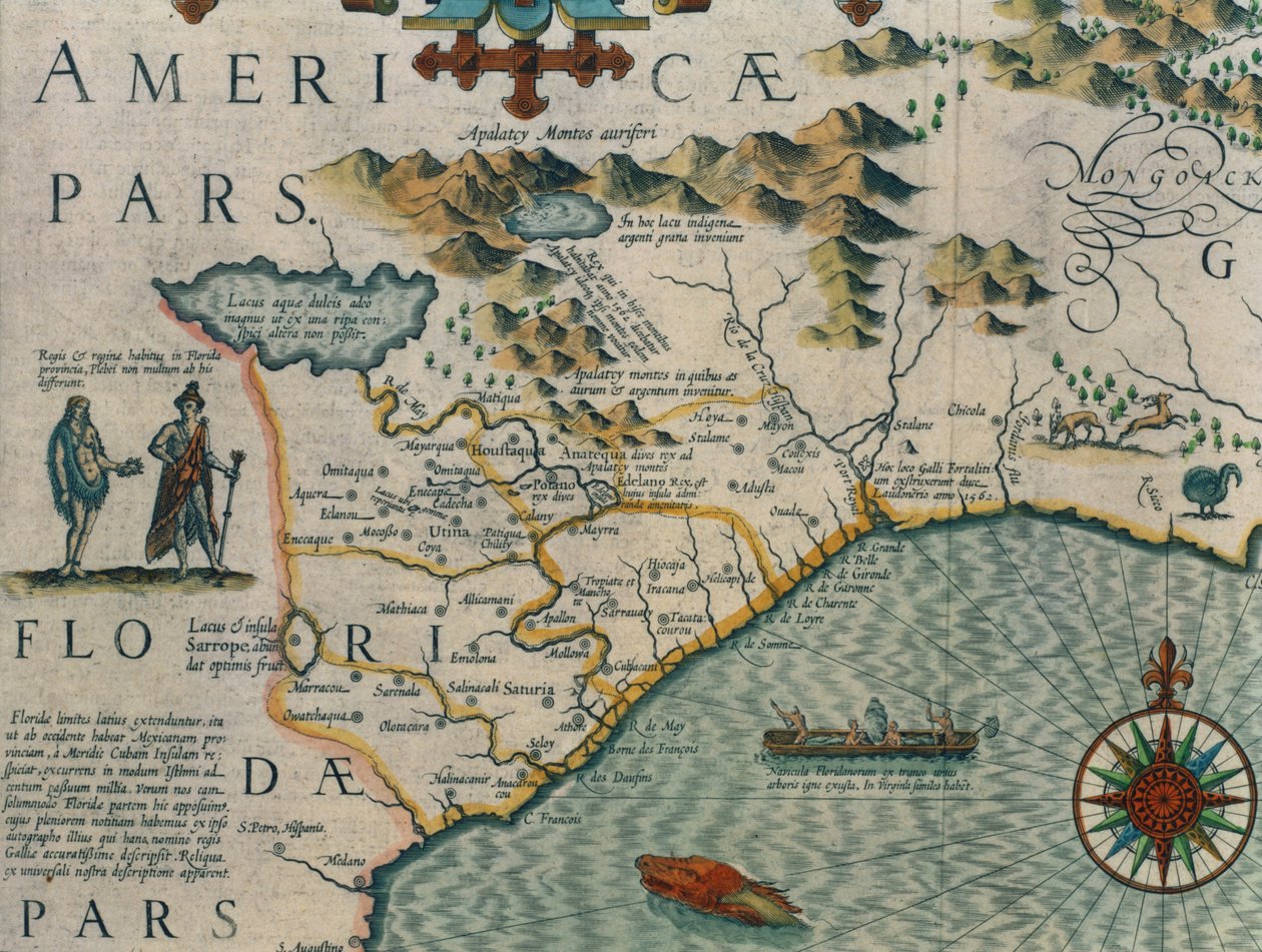 北卡罗来纳州的海岸，地图的详细信息名为Virginiae item et Floridae，来自Mercator Atlas ... 1606，pub。作者：Jodocus Hondius，1619手工彩色雕刻，见66818,81957和81958 作者 乔多克·洪迪斯（Jodocus Hondius）