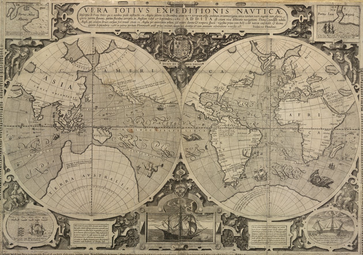 德雷克 1577-80 年的环球航行，Vera Totius Expeditionis Nautica 作者 乔多克·洪迪斯（Jodocus Hondius）