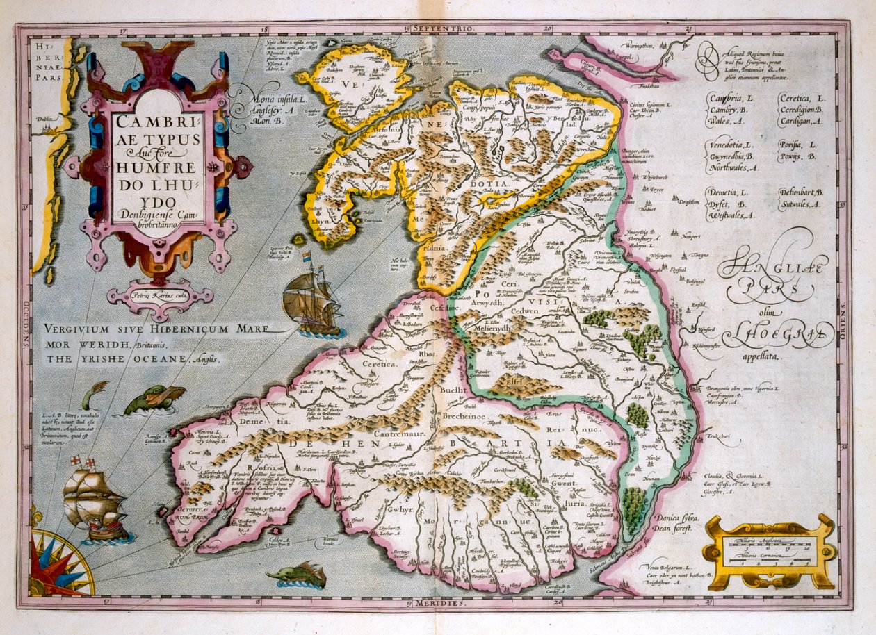 威尔士地图，出版c.1630（手工彩色雕刻） 作者 乔多克·洪迪斯（Jodocus Hondius）