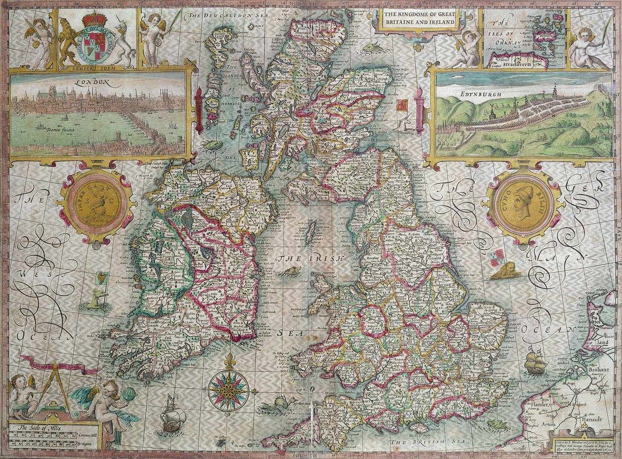 大不列颠及爱尔兰王国地图，1610年（手工彩色雕刻） 作者 乔多克·洪迪斯（Jodocus Hondius）