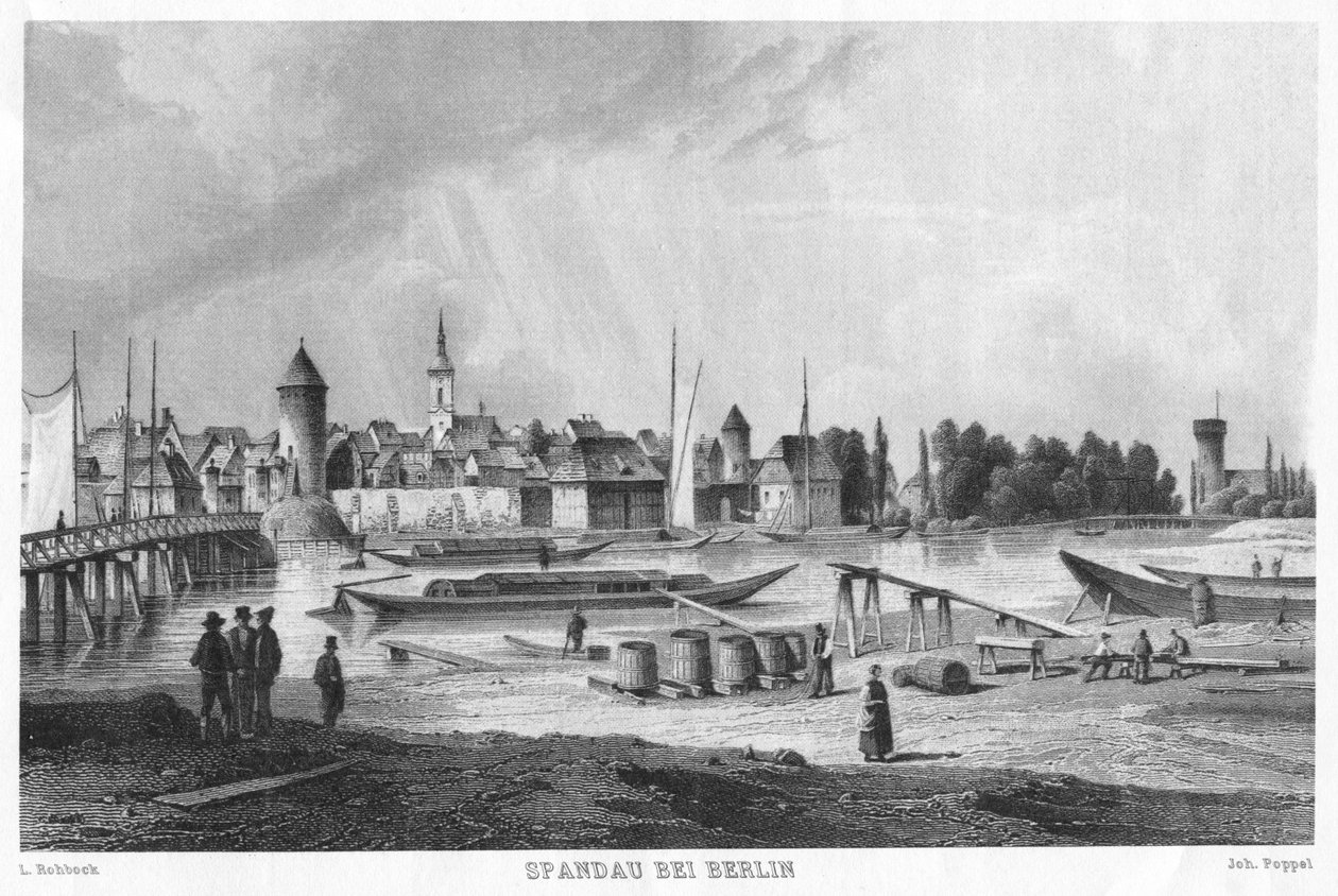 Historische Ansicht von Spandau bei Berlin. Stahlstich. Blick vom Stresow auf die Altstadt von Spandau. Im Vordergrund der Schiffsbauplatz auf dem Stresow, links die Stresow-Brücke (später Charlottenbrücke) 作者 Joh。Poppel L. Rohbock