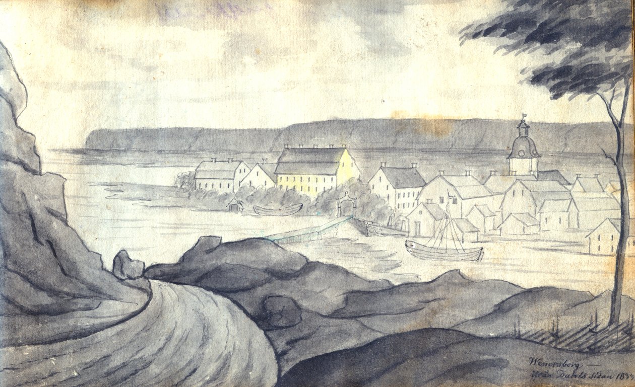 英语：从Vänern的Dalsland一侧画出了对Vänersborg的景观 作者 约翰·古斯塔夫·图恩