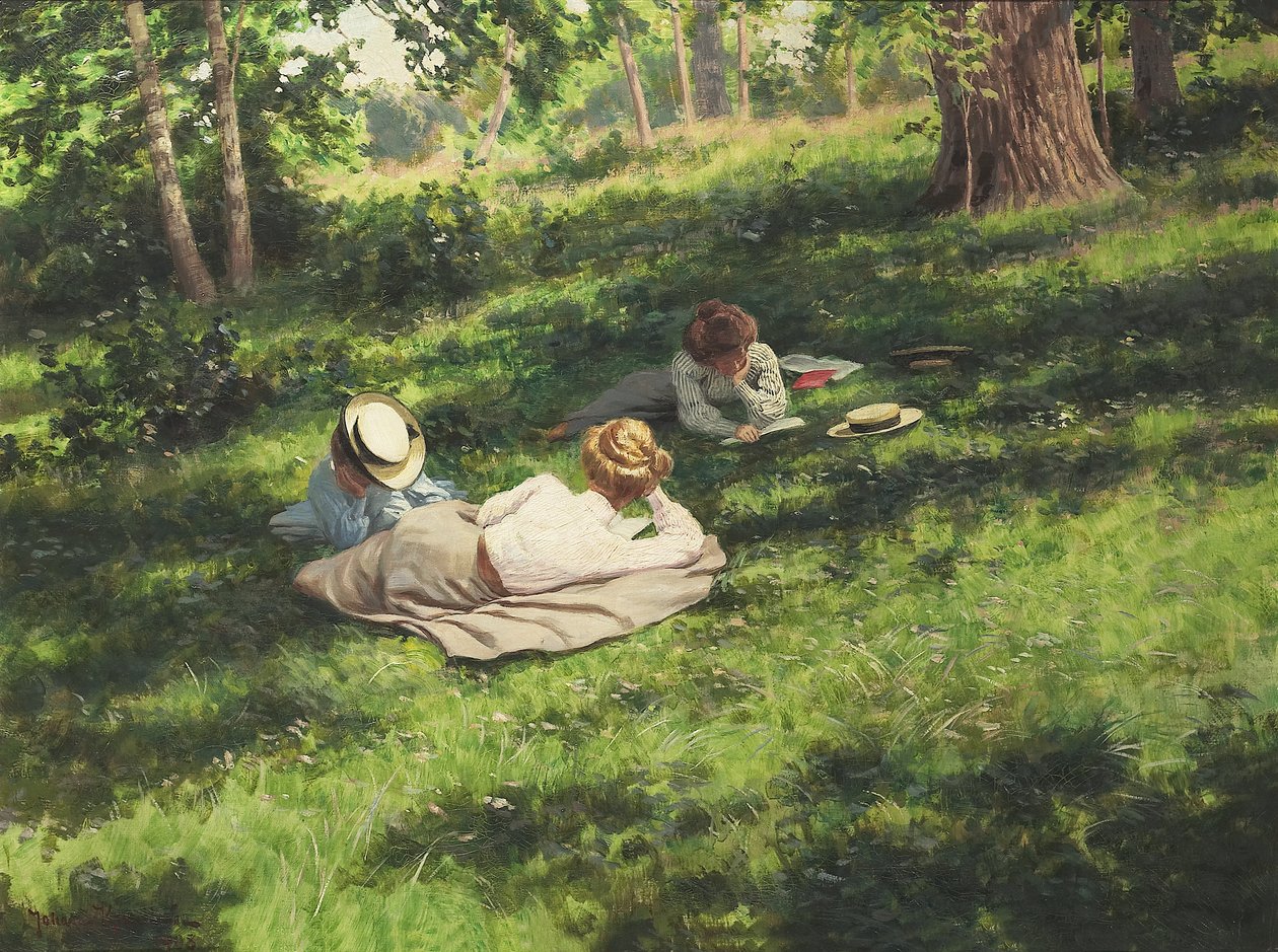 夏天landscape3的三名懒惰妇女夏天风景的读书妇女 作者 约翰·弗雷德里克·克鲁腾（Johan Fredrik Krouthen）