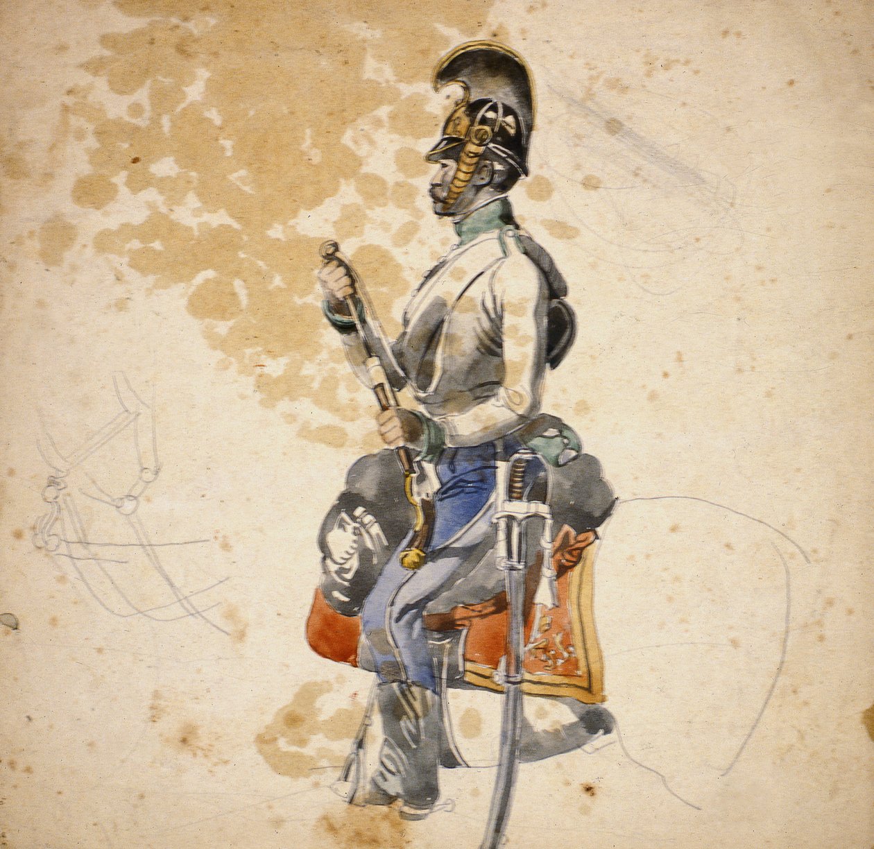 第五骑兵团的一名士兵显示他的马手枪，1840-1850（铅笔和水的颜色）充电 作者 约翰·巴蒂斯特·海涅菲特