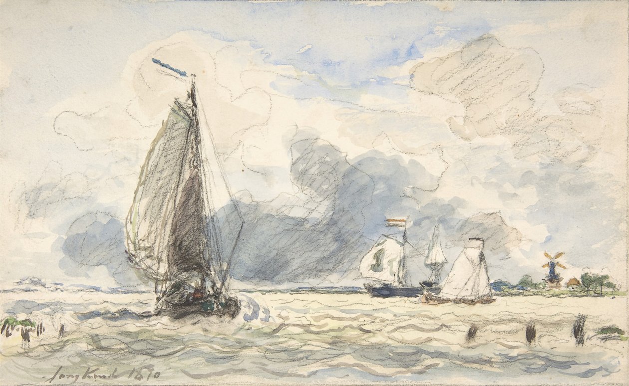 荷兰渔船, Verso: 船只素描, 1870年。 作者 约翰·巴索德·琼金德（Johan Barthold Jongkind）
