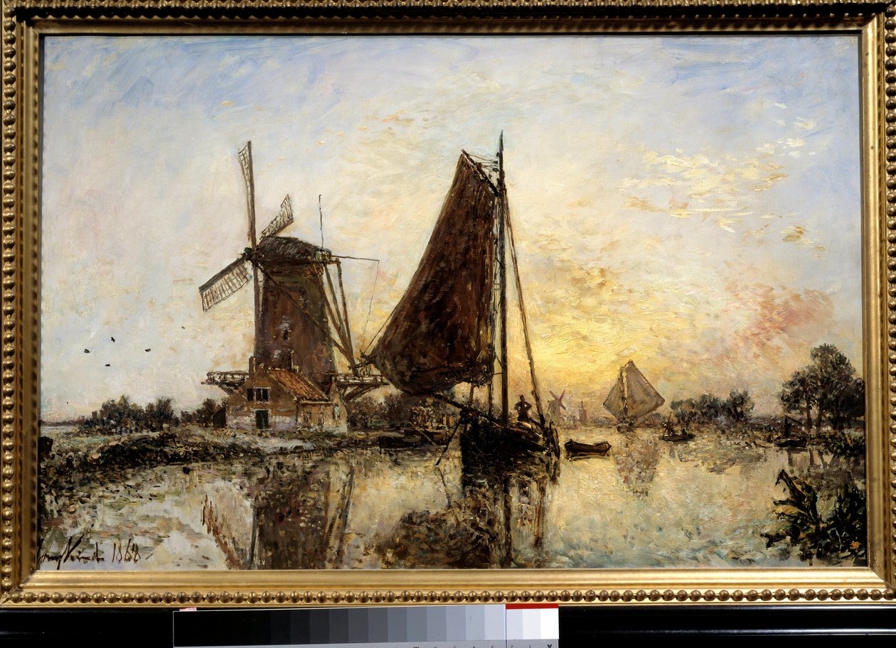 荷兰风景，磨坊附近的船 画家：让-巴托尔-琼金德（1819-1891） 1868年 太阳。0,52x0,81米 巴黎，奥赛博物馆 作者 约翰·巴索德·琼金德（Johan Barthold Jongkind）