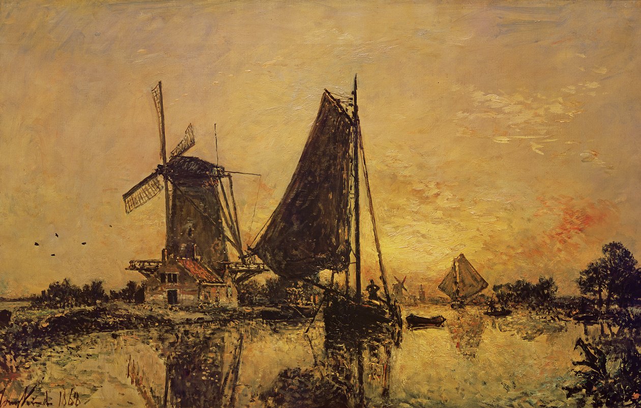 在荷兰，风车附近的船，1868年 作者 约翰·巴索德·琼金德（Johan Barthold Jongkind）