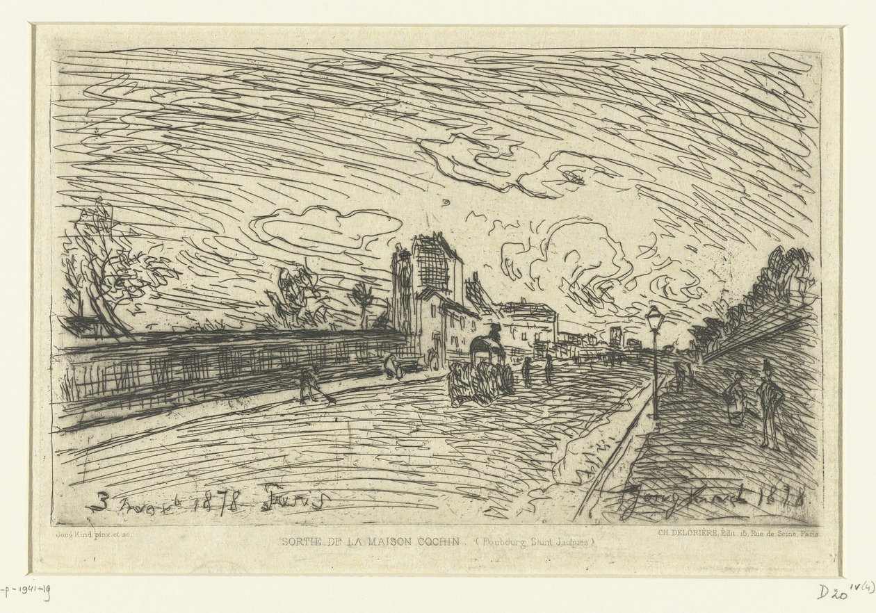 科钦医院出口（巴黎圣雅克郊区） Sortie de la Maison Cochin (Faubourg Saint-Jacques)（物体上的标题） 作者 约翰·巴索德·琼金德（Johan Barthold Jongkind）