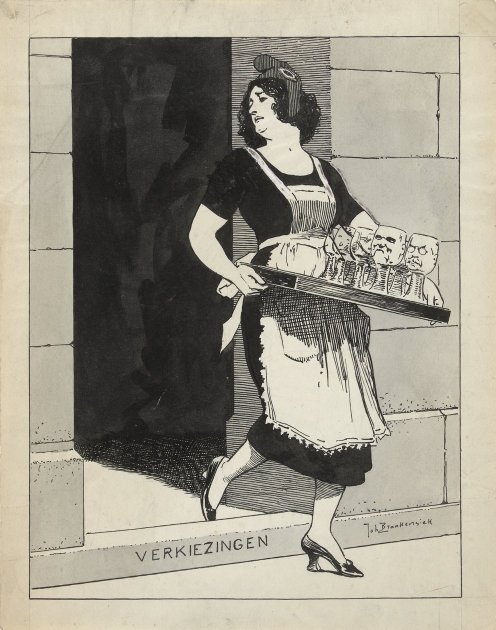 为《De Amsterdammer》的插图设计：女仆端着酒杯，被台阶绊倒的荷兰圣母选举（1924 年 5 月 17 日） 作者 约翰·布拉肯西克（Johan Braakensiek）