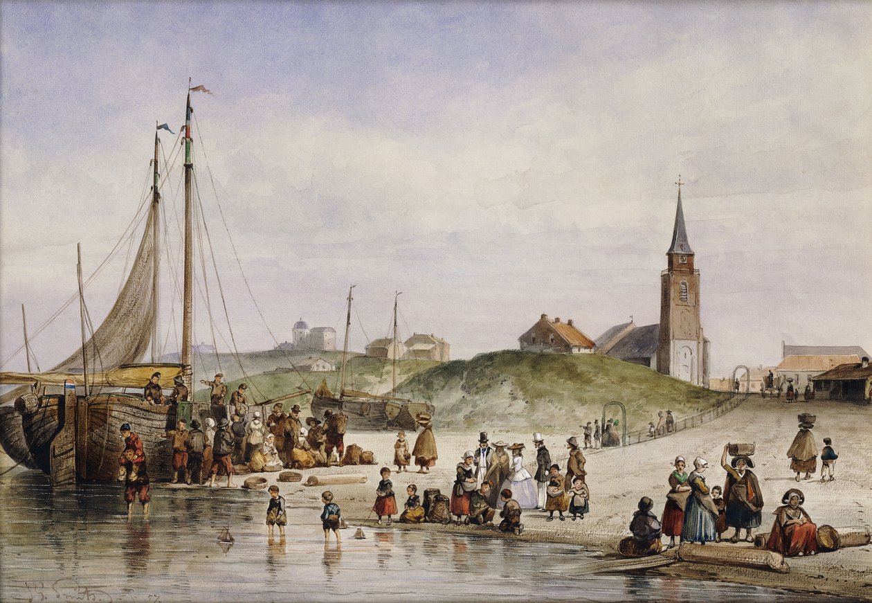 渔民在海滩上与小镇，1857年 作者 约翰·杰拉德·史密斯（Johan Gerard Smits）