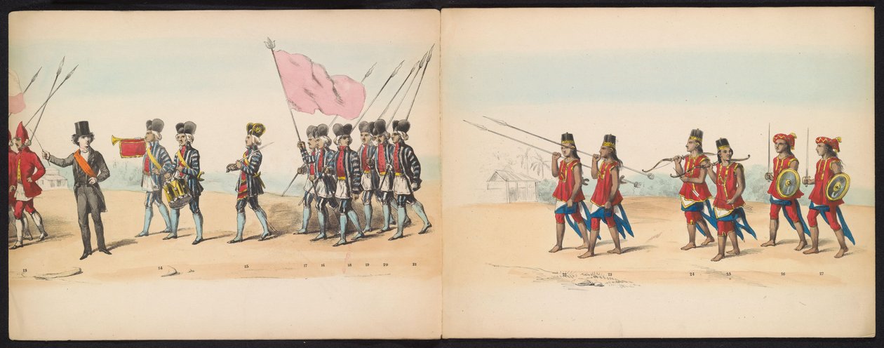 代尔夫特学生化妆舞会，1857 年（图版 2）
1857 年 5 月 5 日代尔夫特学生团成员举行的盛装游行，描绘了 Djokjokarta 苏丹的 Garebeg 游行和最具特色的 "N "字形游行。 作者 约翰·亨德里克·霍夫迈斯特