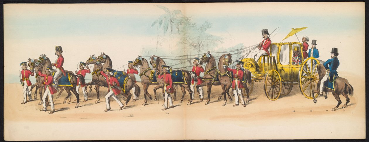 代尔夫特学生化妆舞会，1857 年（图版 3）
代尔夫特学生团成员于 1857 年 5 月 5 日举行的盛装游行，描绘了 Djokjokarta 苏丹的 Garebeg 游行和最具特色的 "N "形化妆舞会。 作者 约翰·亨德里克·霍夫迈斯特