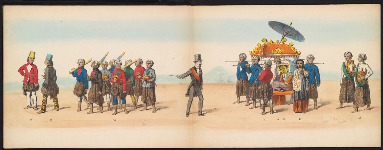 代尔夫特学生化妆舞会，1857 年（图版 5）
1857 年 5 月 5 日代尔夫特学生团成员举行的盛装游行，描绘了 Djokjokarta 苏丹的 Garebeg 游行和最具特色的 "N "字形游行。 作者 约翰·亨德里克·霍夫迈斯特