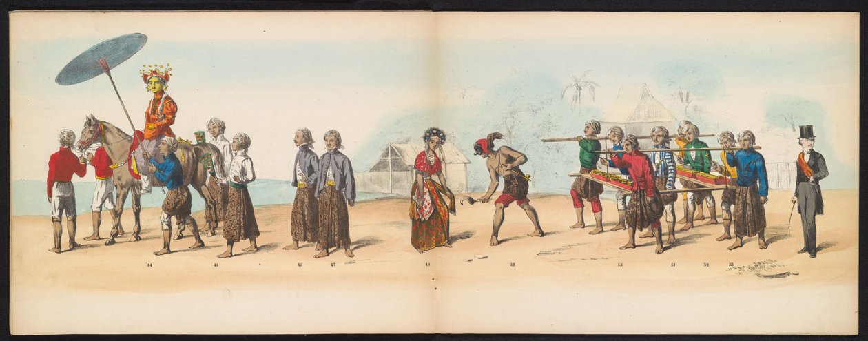 代尔夫特学生化妆舞会，1857 年（图版 6）
1857 年 5 月 5 日代尔夫特学生团成员举行的盛装游行，描绘了 Djokjokarta 苏丹的 Garebeg 游行和最具特色的 "N "字形游行。 作者 约翰·亨德里克·霍夫迈斯特