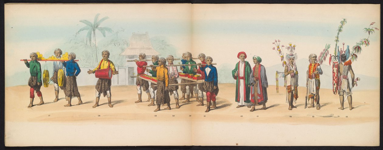 代尔夫特学生化妆舞会，1857 年（图版 7）
1857 年 5 月 5 日代尔夫特学生团成员举行的盛装游行，描绘了 Djokjokarta 苏丹的 Garebeg 游行和最具特色的 "N "字形游行。 作者 约翰·亨德里克·霍夫迈斯特