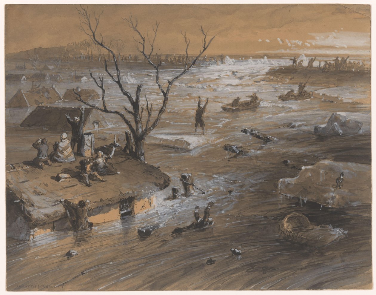 1861 年 1 月 4 日，布拉克尔堤坝溃决（物品上的标题） 作者 Johan Hendrik Weissenbruch（艺术家签名）