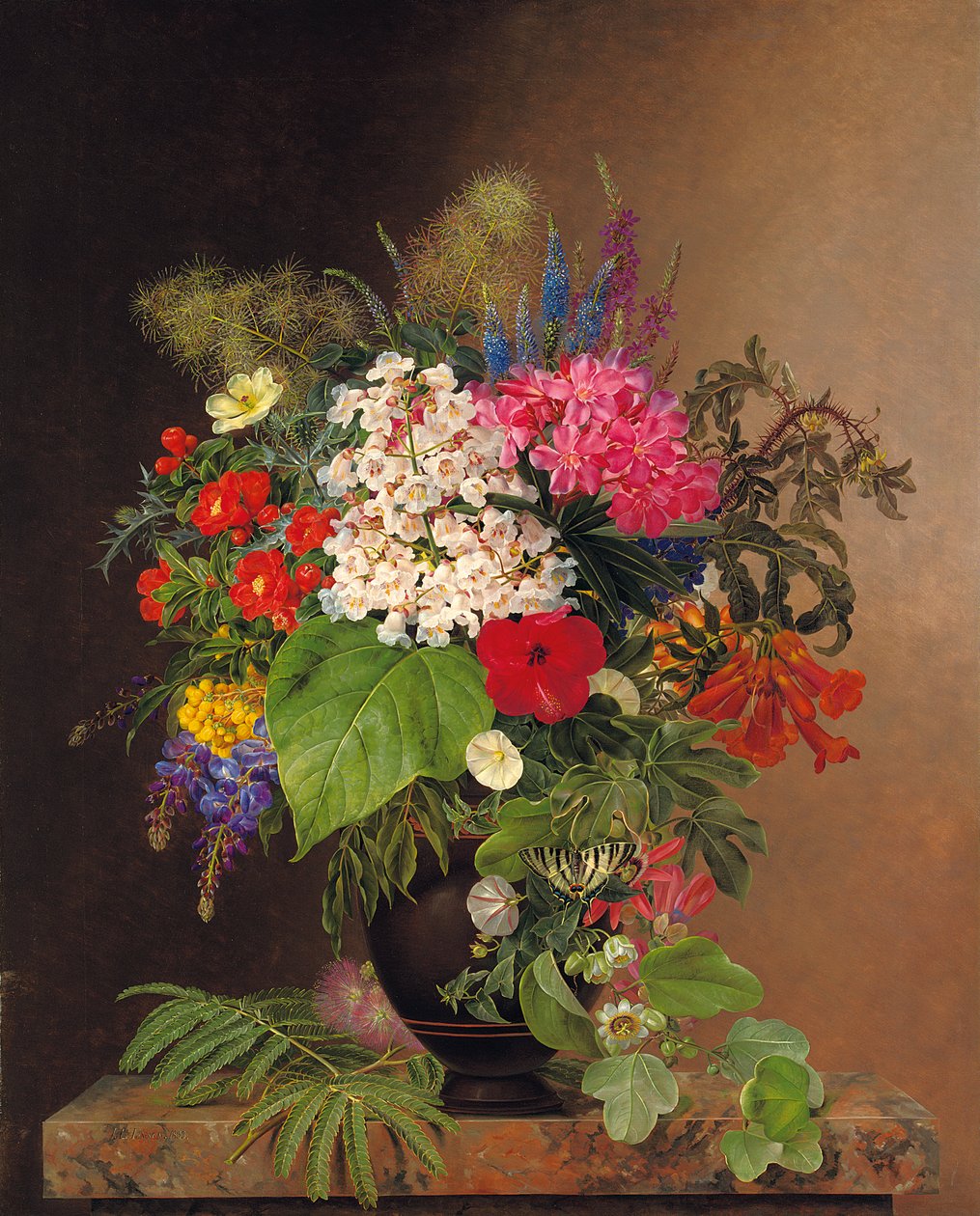 花瓶中的抽搐，羽扇豆，speedwell和紫红色，1833年 作者 约翰·洛朗兹·詹森（Johan Laurents Jensen）