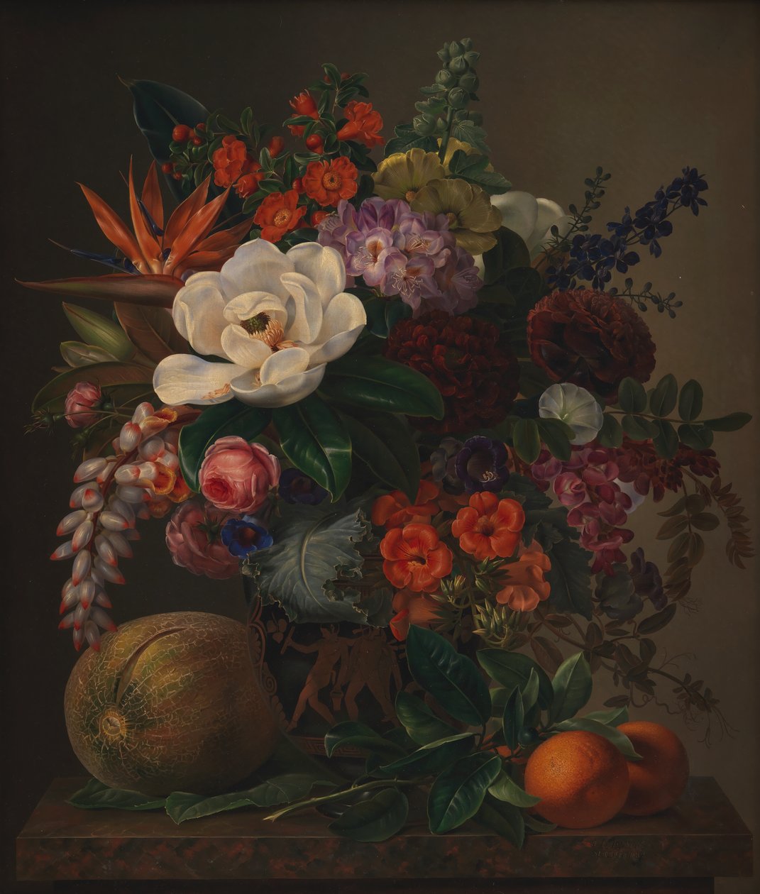 花瓶中的花朵，索伦特 1834 年（布面油画） 作者 约翰·洛朗兹·詹森（Johan Laurents Jensen）