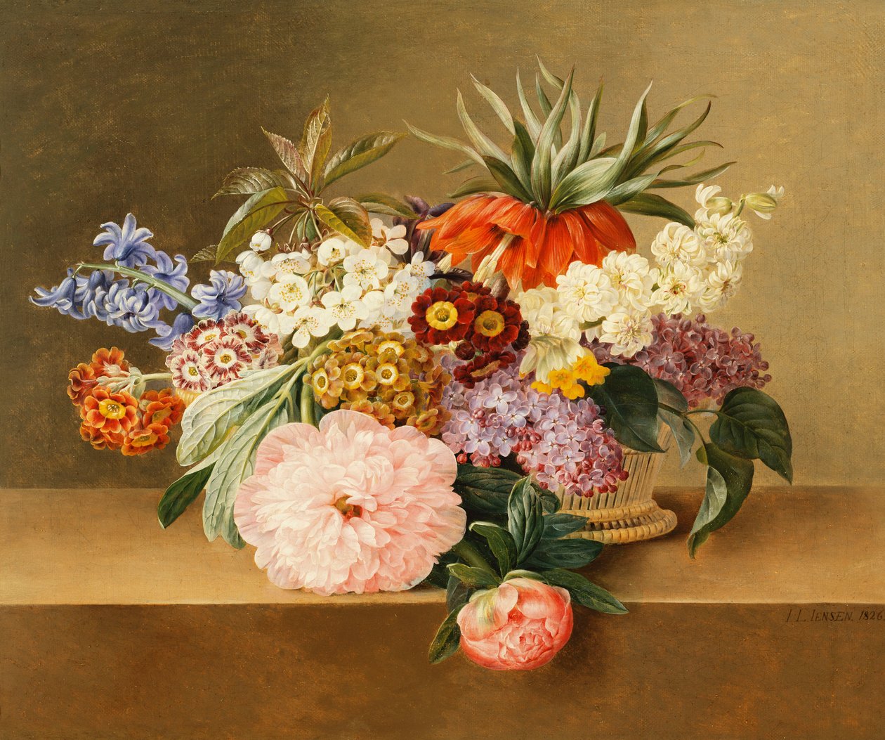 鸢尾，丁香，报春花，开花和牡丹在篮子里， 作者 约翰·洛朗兹·詹森（Johan Laurents Jensen）