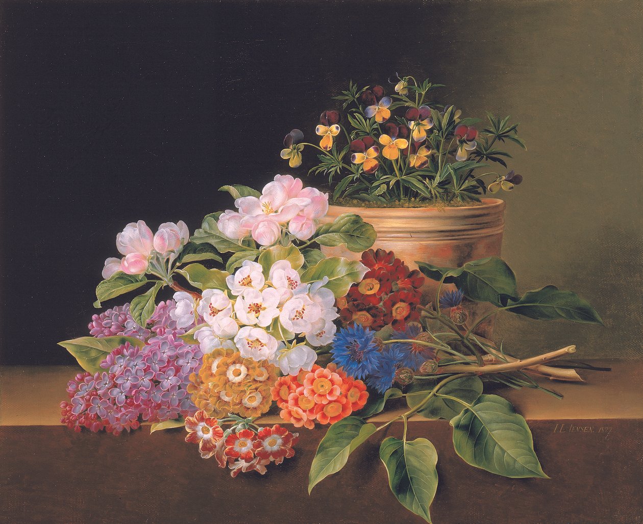 丁香，苹果花，矢车菊和甜威廉姆斯，在壁架上放一壶中提琴，1827年 作者 约翰·洛朗兹·詹森（Johan Laurents Jensen）