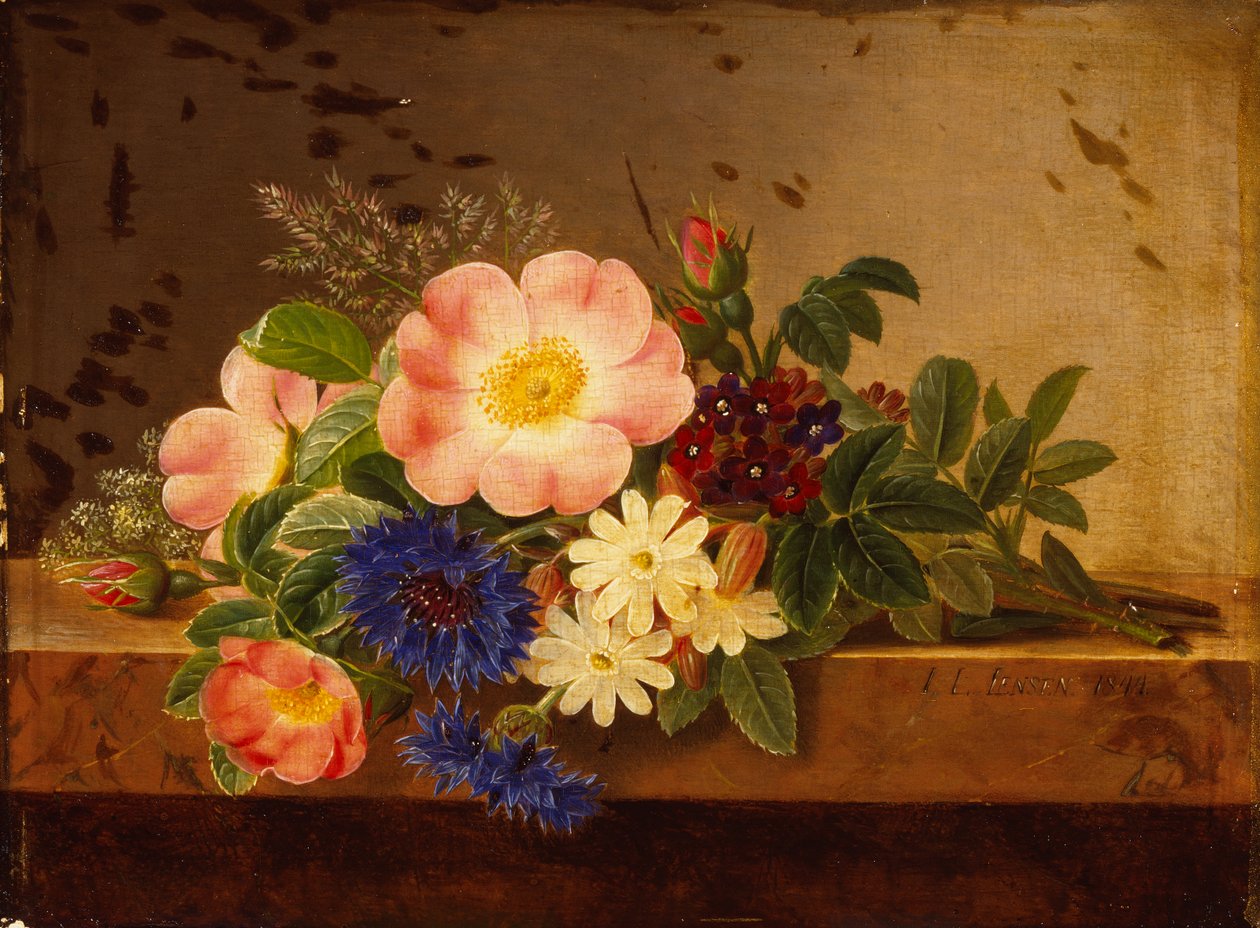 礁石上的野花、矢车菊和其他花卉（布面油画） 作者 约翰·洛朗兹·詹森（Johan Laurents Jensen）