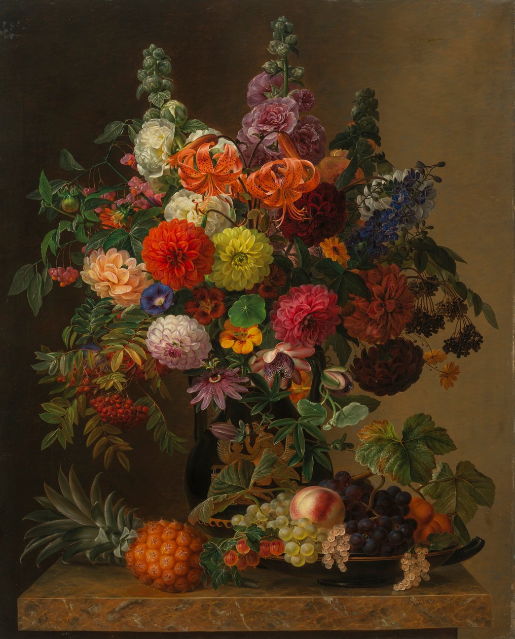 静物花卉与水果，1836年。 作者 约翰·劳伦兹·詹森（Johan Laurentz Jensen）