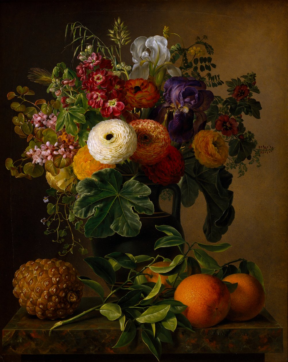 与花的静物画在一个古色古香的花瓶，1834年。 作者 约翰·劳伦兹·詹森（Johan Laurentz Jensen）