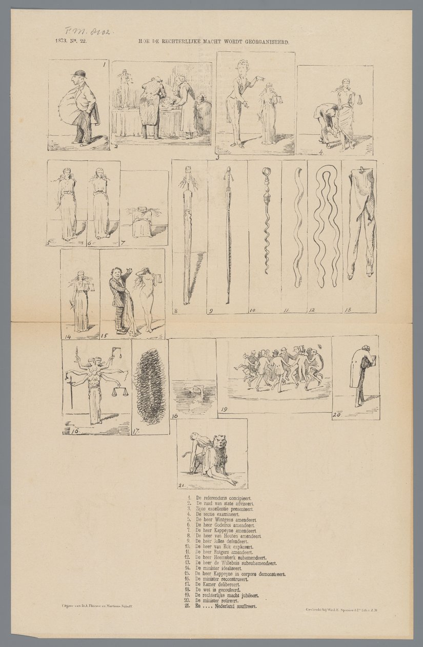 关于司法改革的漫画，1873 年
司法机构是如何组织的（标题见实物） 作者 约翰·迈克尔·施密特·克兰斯