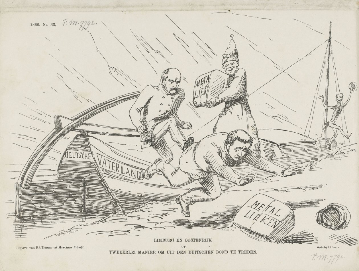 关于俾斯麦和德意志联邦的漫画，1866 年
林堡和奥地利或德意志联邦的两条出路（标题见实物） 作者 约翰·迈克尔·施密特·克兰斯