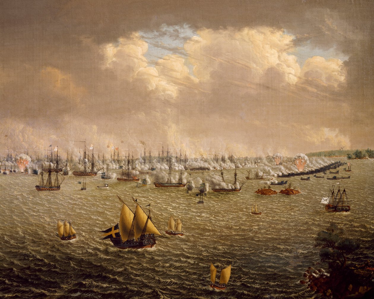1790年7月10日，瑞典和俄罗斯舰队因瑞典对芬兰的统治权而进行的斯卡加德战役，由约翰-蒂特里希-舒尔茨（1754-1807）主持，俄罗斯-瑞典战争 作者 约翰·蒂特里希·舒尔茨