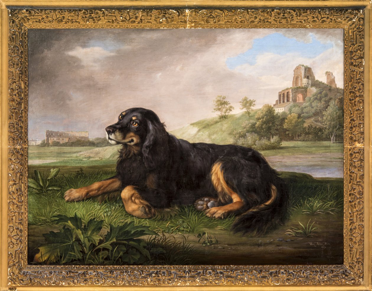 第六代公爵的小猎犬 "Tawney "的画像，远处是帕拉廷宫。 作者 约翰·温泽尔·彼得