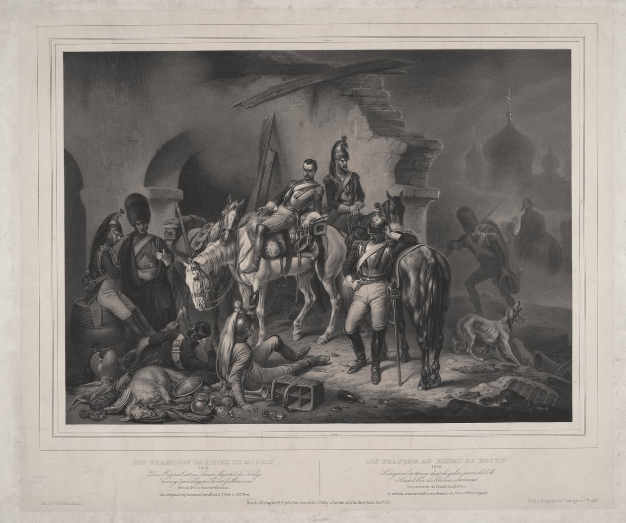 莫斯科克里姆林宫的法国军队 - Woelfle, Johannes (1807-1893) - 1830 - 石版画 - 60,8x85,9 - 私人收藏 作者 约翰沃尔夫
