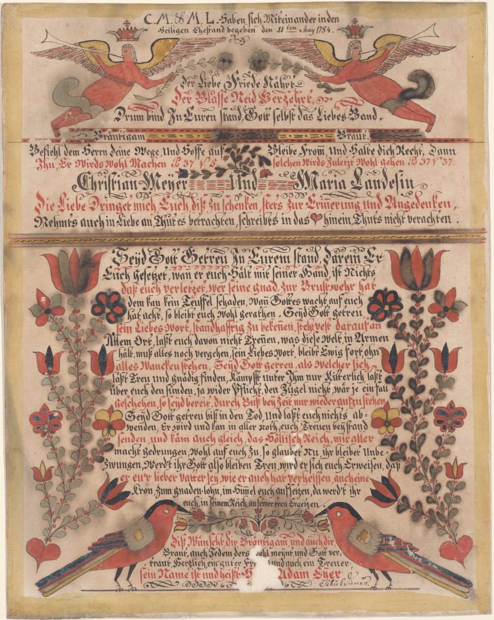 1784年Christian Meyer和Maria Landes的婚姻问候（纸上写着墨水） 作者 约翰·亚当·埃耶（Johann Adam Eyer）