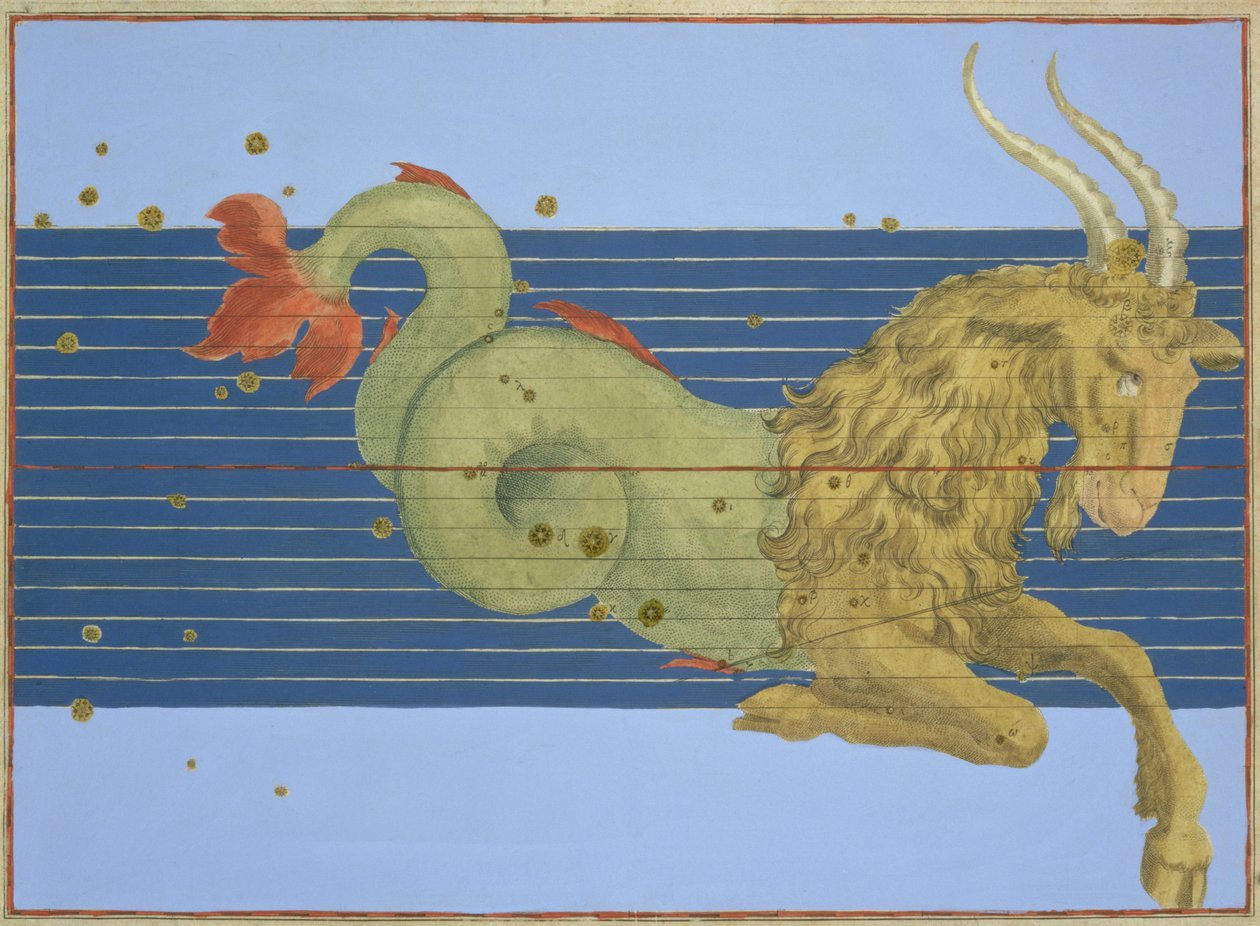 摩羯座的星座，由约翰·拜尔的“Uranometria”雕刻，由Alexander Mair（1559-c.1616）1603（手工彩色铜版画）雕刻而成 作者 约翰·拜耳
