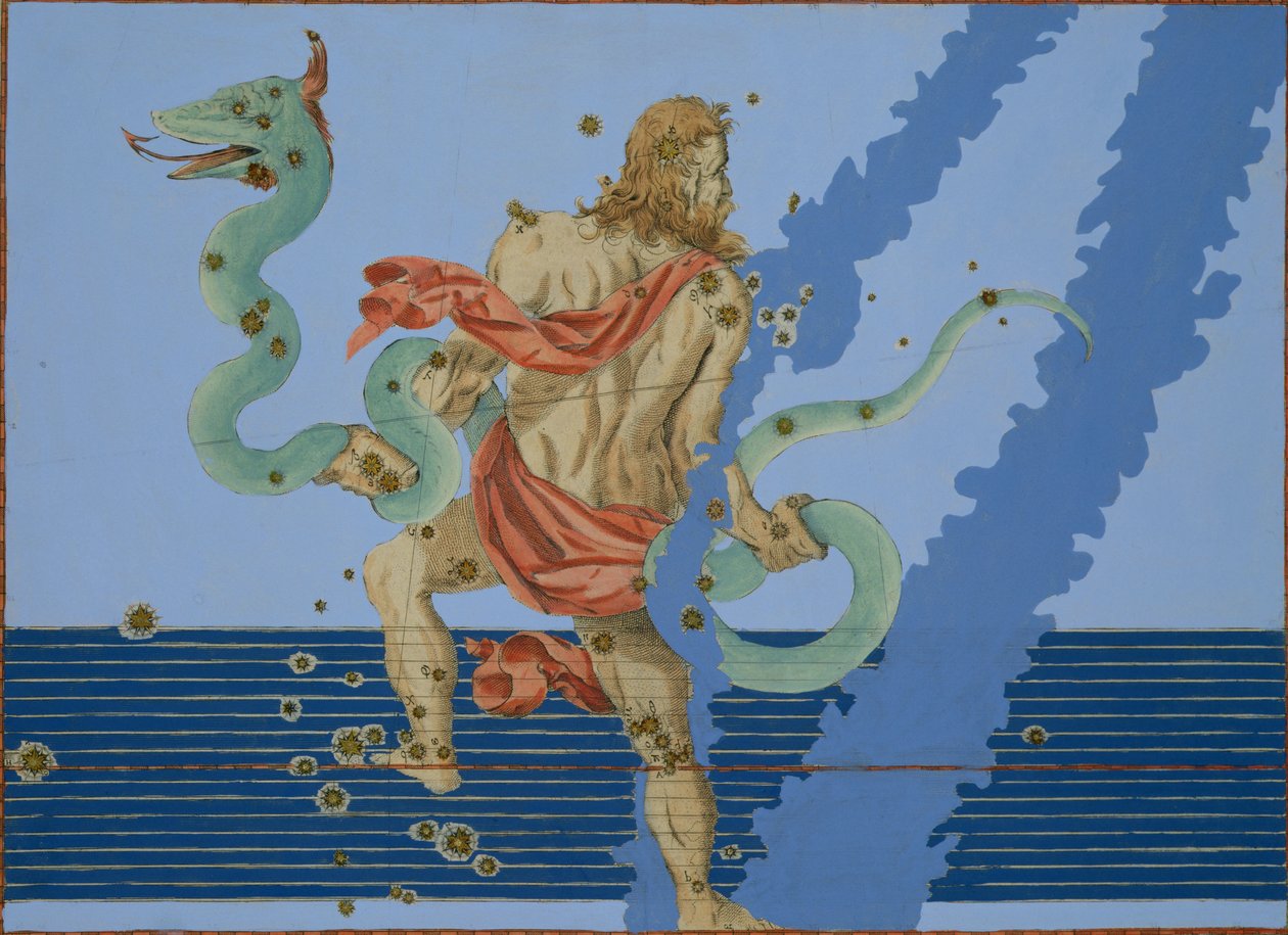 蛇夫座星座，来自Johann Bayer的&39;Uranometria&39;，由Alexander Mair（1559-c.1616）1603（手工彩色铜版画）雕刻而成 作者 约翰·拜耳