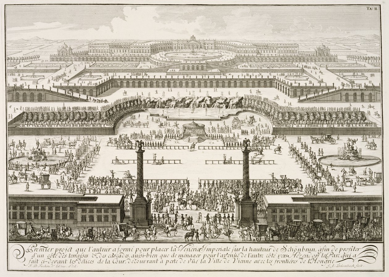 维也纳美泉宫的第一个提案，来自“历史建筑的设计”，由Johann Adam Delsenbach（1687-1765）1721年刻。 作者 埃拉赫（Erlach）的约翰·伯恩哈德·菲舍尔（Johann Bernhard Fischer）