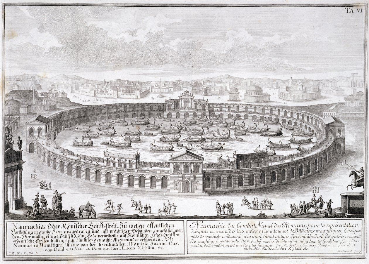 Naumachia，来自&39;Design of a Historical Architectur&39;的第6块板，由Johann Adam Deslsenbach雕刻（1687-1765） 作者 埃拉赫（Erlach）的约翰·伯恩哈德·菲舍尔（Johann Bernhard Fischer）