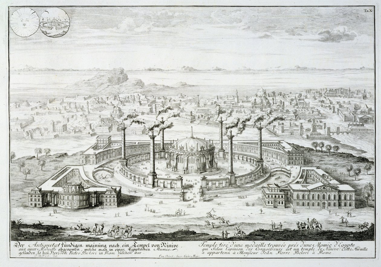 从埃及木乃伊旁边的奖牌设计复制的寺庙，来自&39;Entwurf einer historischen Architektur&39;，1721 作者 埃拉赫（Erlach）的约翰·伯恩哈德·菲舍尔（Johann Bernhard Fischer）
