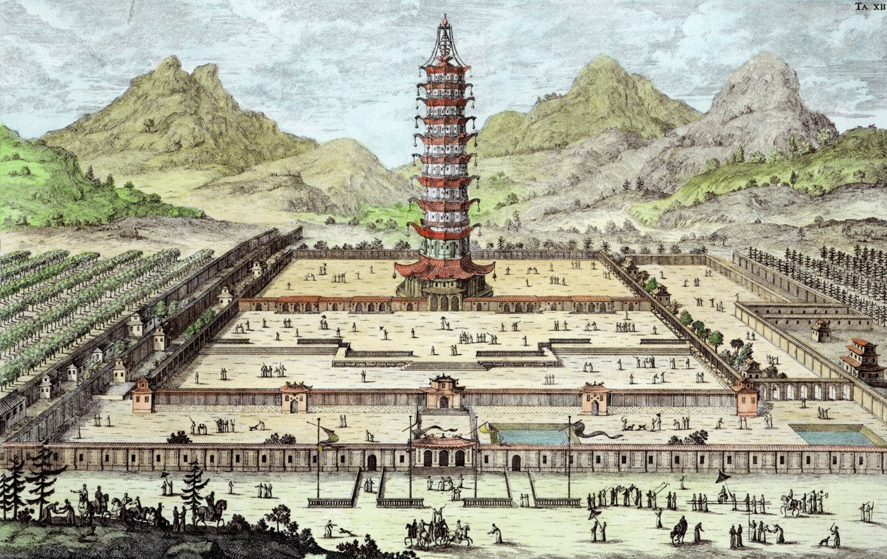 南京瓷塔，来自“历史建筑设计”的12块板，由约翰·亚当·德尔森巴赫（1687-1765）1721年刻（后期着色） 作者 埃拉赫（Erlach）的约翰·伯恩哈德·菲舍尔（Johann Bernhard Fischer）