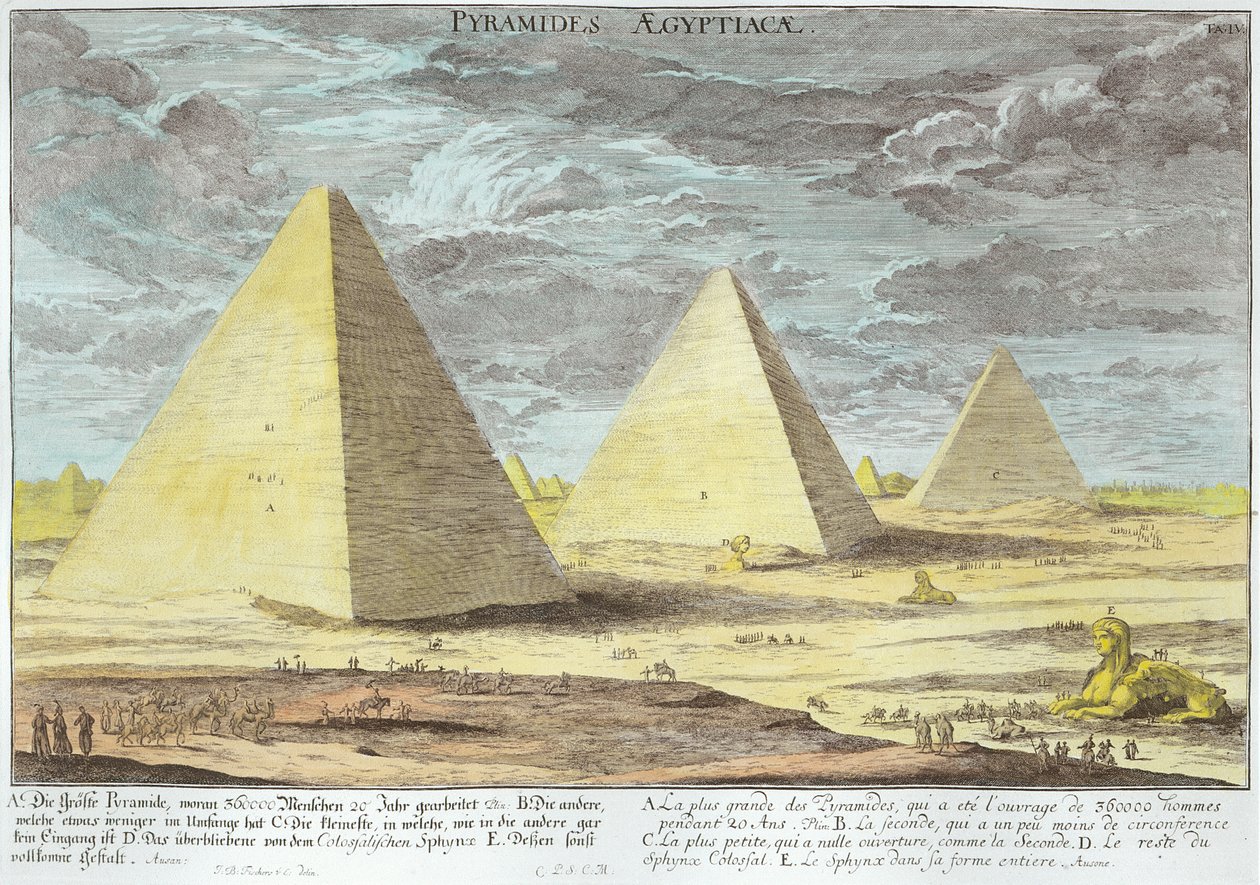 埃及金字塔，来自“历史建筑设计”的第4块，由Johann Adam Delsenbach（1687-1765）1721年刻（后来着色） 作者 埃拉赫（Erlach）的约翰·伯恩哈德·菲舍尔（Johann Bernhard Fischer）